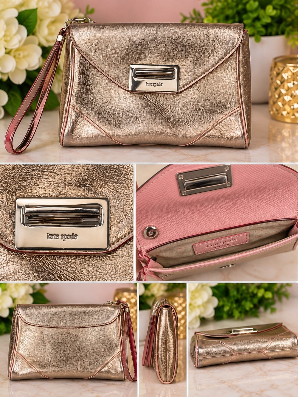 kate spade Rose Gold Metallic Wristlet Clutch